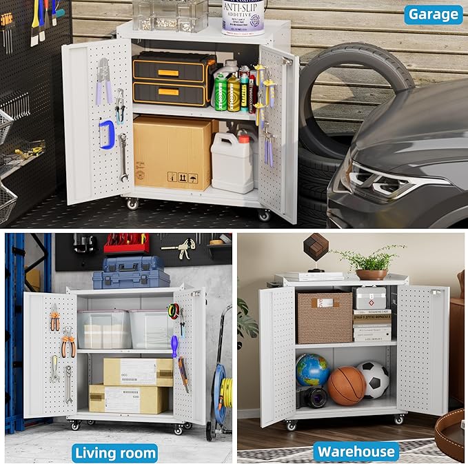 Steel Garage Storage Cabinet with Wheels and 2 Lockable Doors, Metal Storage Cabinet with Pegboard and Hooks for Garage,Home,Warehouse,Assembly Required,White,13.8" D x 26" W x 31.5" H