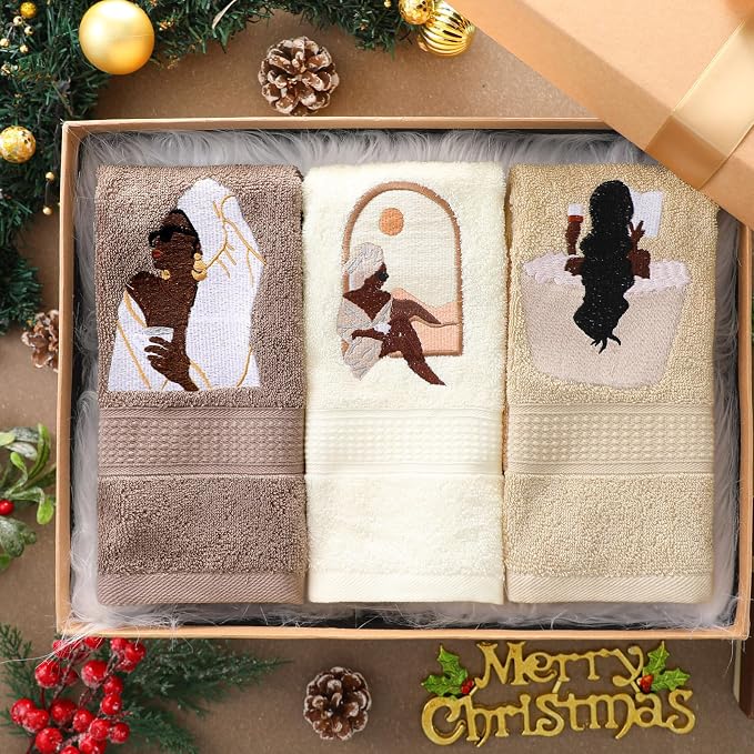 3 Pcs African American Woman Hand Towels for Bathroom | African Black Girl Bathroom Decor, Brown Decorative Farmhouse, 100% Cotton Embroidered Kitchen Towels, 13.3 x 29.5''