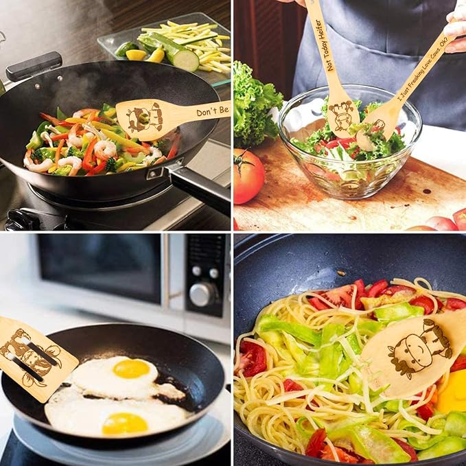 5PCS Cow Wooden Cooking Spoons Set Bamboo Cooking Spoons | Cow Kitchen Decor Housewarming Wedding Anniversary Thanksgiving Christmas for Mom Women Animal Lovers