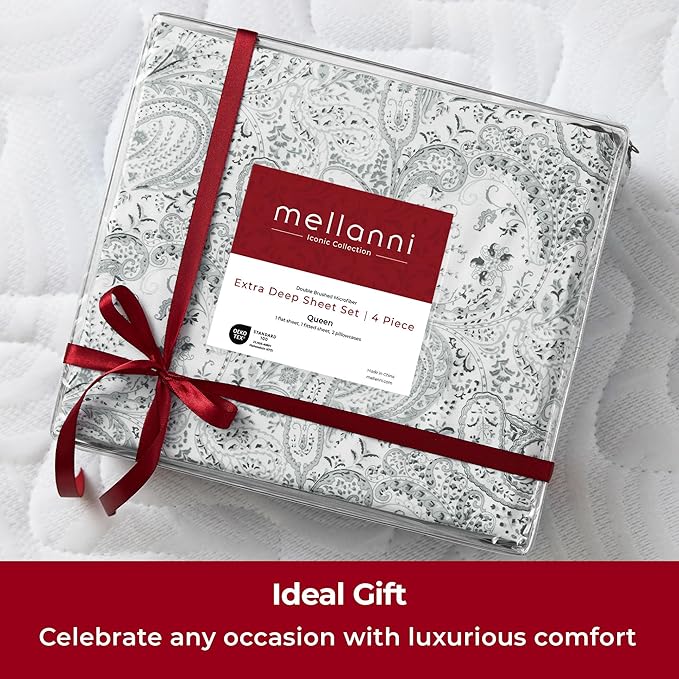 Mellanni Extra Deep Queen Sheets - 4 PC Iconic Collection Bedding - Hotel Luxury, Ultra Soft, Cooling Bed Sheets - Wrinkle, Fade, Stain Resistant (Queen, Paisley Gray)