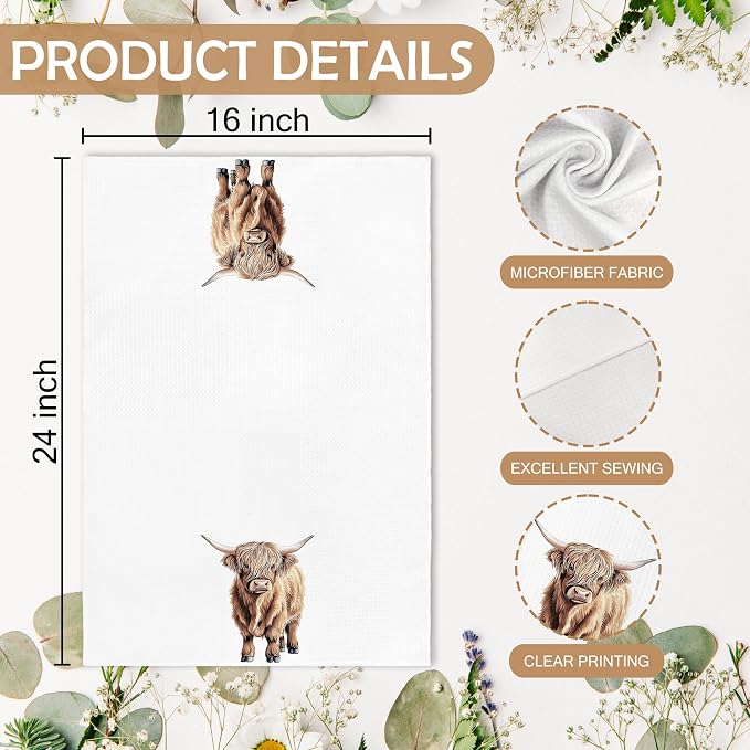 Funny Western Highland Cow Kitchen Towels and Dishcloths Sets of 2, Cow Nursery Decor Gifts, Farmhouse Rustic Cabin Farmhouse Farm Home Decor Dish Hand Tea Towels for Bathroom Kitchen,16x24in