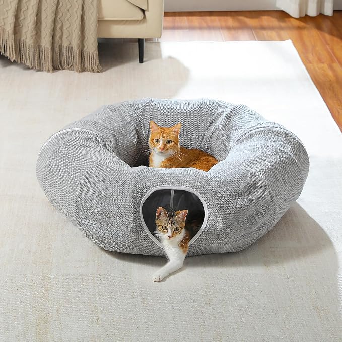 PEQULTI Grey Donut Cat Tunnel Bed Washable Plush Mat Multi for Small Pets | Round play tube with soft detachable plush mat, multi-pet toy fit indoor cats, kittens, puppies, rabbits and ferrets