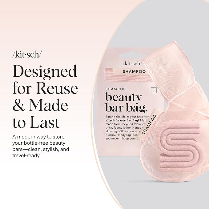 Kitsch Bar Soap Saver Bag – Patented Mesh Bag Soap Holder for Shampoo and Conditioner Bars - Extends Use & Prevents Soggy Mess - Recycled Mesh Beauty Pouch, Eco-Friendly – Blush