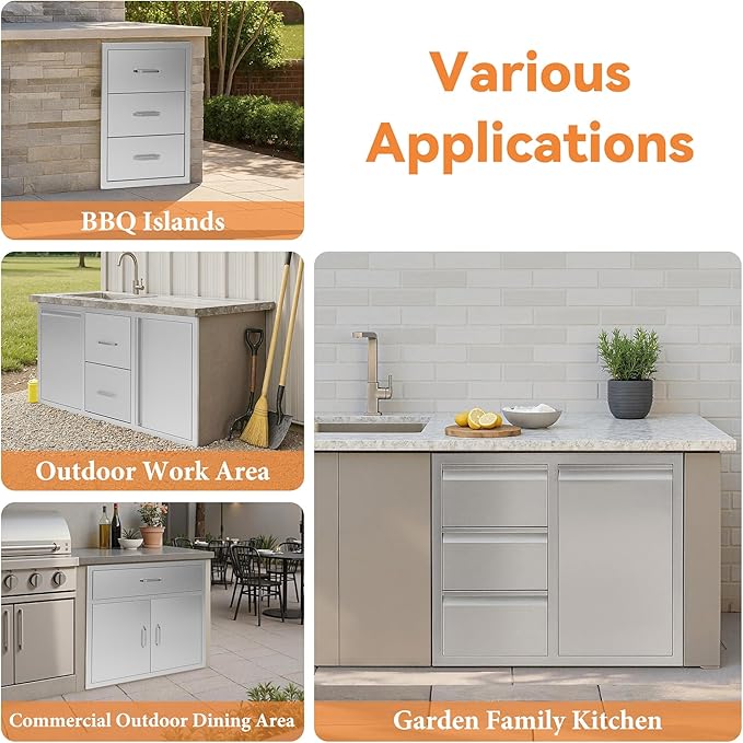 Jocisland 28" W×20" D×23" H Stainless Steel Outdoor Kitchen Drawers, Single Trash Drawer with Door & 3-Drawer Cabinet, Built-in BBQ Island Storage for Outdoor Kitchens