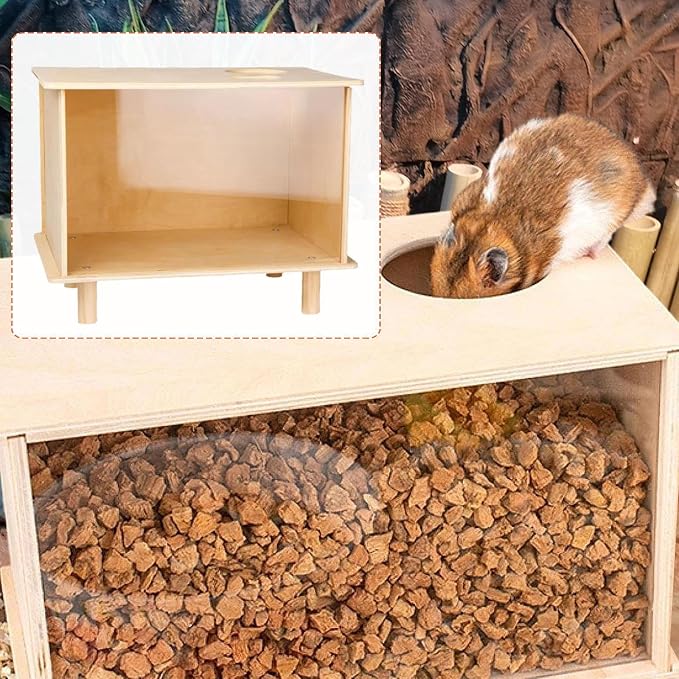 Hamster Digging Box Wooden Burrow Container Sand Bath with Transparent Window Sturdy Wood Construction Suitable for Gerbils Mice Small Pets, Large