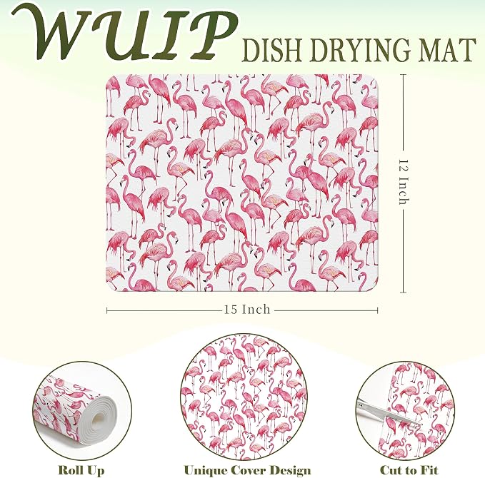 Pink Flamingo Dish Drying Mats for Kitchen Counter, Flamingo Gifts, Summer Pink Bird Absorbent Reversible Coffee Bar Mat Drying Pad for Kitchen Decor, 12x15 Inch