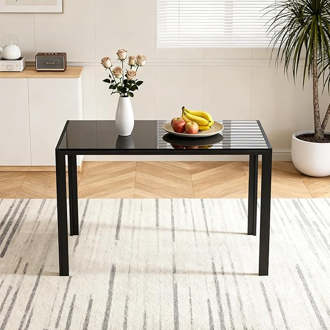 FDW | Dining Table for 4-6 People | Black | 47 Inch Rectangular Glass Kitchen Table | Space-Saving and Modern Design | for Dining Room, Easy to Assemble