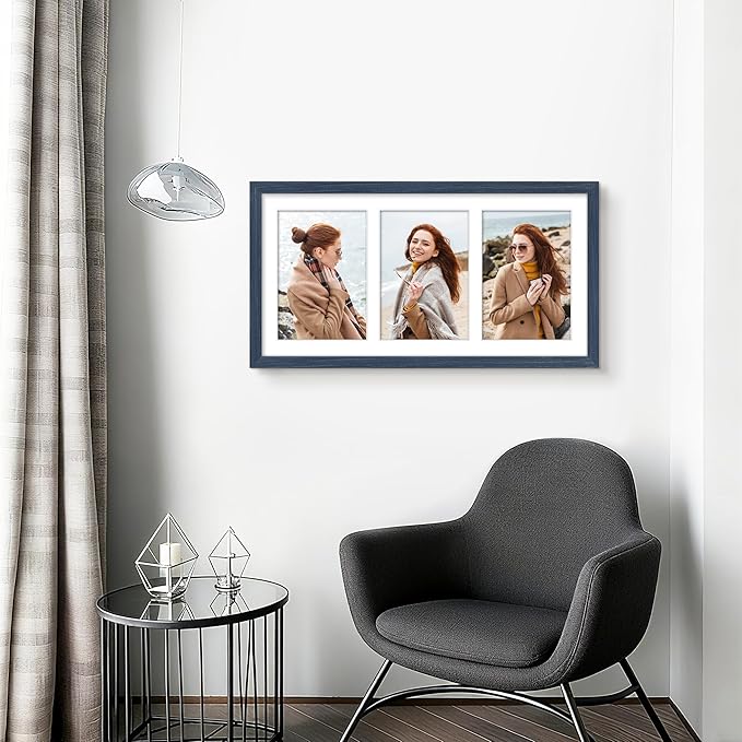 8x16 Collage Picture Frame 5x7 Collage Picture Frame Displays Three 5x7 inch Photos or 8x16 (Without Mat) for Available Horizontal Wall Mounting Display and Vertical Navy Blue