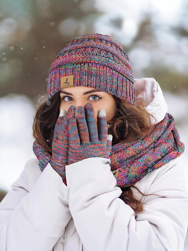 Winter Beanie Hat Scarf Gloves, Warm Fleece Knit Hats Touch Screen Gloves Neck Scarf Set Winter Gifts for Unisex Adult