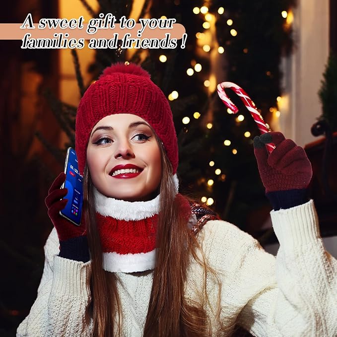 SATINIOR 5 Pcs Winter Hat Scarf Gloves Set Fleece Warm Lined Knit Beanie Hat Touch Screen Earmuff Gloves Warmer for Women(Wine Red,Classic Style)
