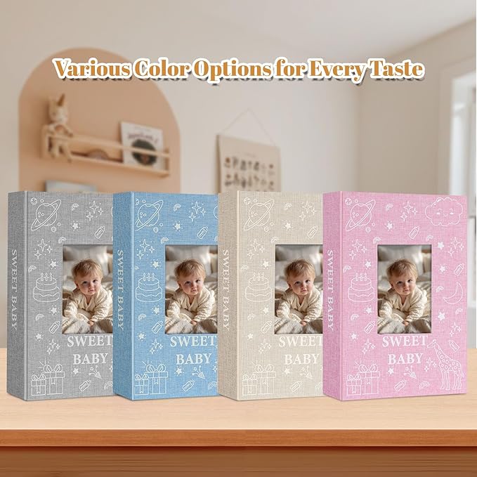 Baby Photo Album 4x6 300 Pockets with Memo Area & Hand and Footprint Kit, Linen Cover Slip-in Memory Book with Front Window, Acid-Free Keepsake for Newborn Boy Girl, First Year Moments