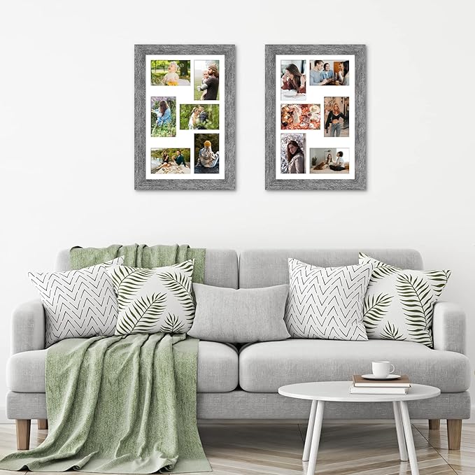 11x17 Picture Frame Display 6 picture frame collage 4x6,Multi Photo Frame with Mat,Plexiglass,Wall Mount Decor,Grey Wood Grain