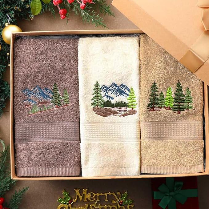 3 Pcs Mountain Hand Towels Farmhouse Decorative Bathroom | Towels Set 13. 3 x 29. 5'' Pine Trees Lodge Lake, Embroidered 100% Cotton for Home Bathroom Kitchen Decor