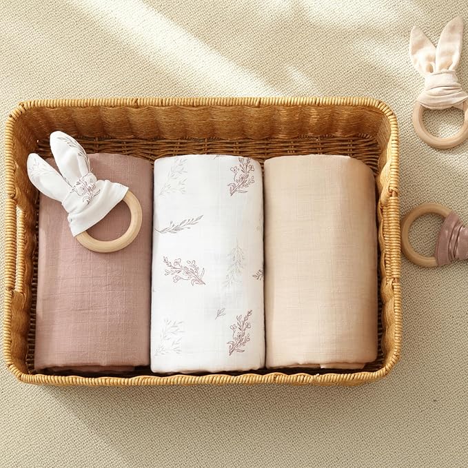 Muslin Swaddle Blankets for Boys and Girls, Soft Cotton Baby Swaddle Blankets for Unisex, 47 X 47 inches Muslin Swaddles, 4 Pack Leaves & Warmth Colors