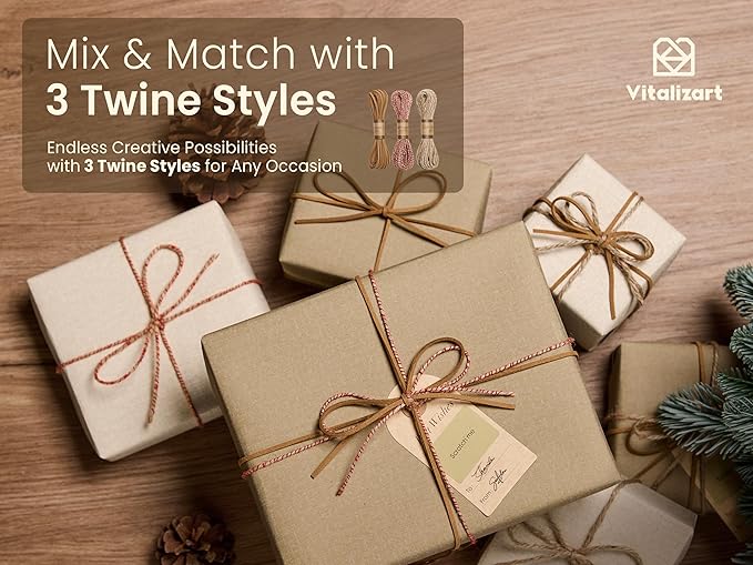 Vitalizart Textured Wrapping Paper Set 30" Roll Twine Ribbons & Tags Extra Thick All-in-One Neutral Tan Kraft Christmas Gift Wrap Birthday Baby Shower Wedding Crafts Vintage Minimalist Housewarming Flower Book