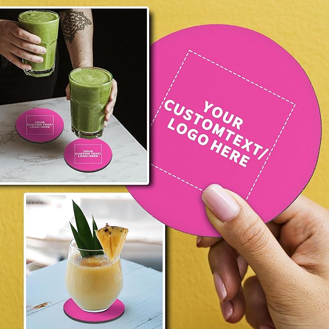 50 Round Foam Bud Coasters Pack, 4 inch - Customizable Text, Logo - PU Foam, Party Favor - Neon Pink
