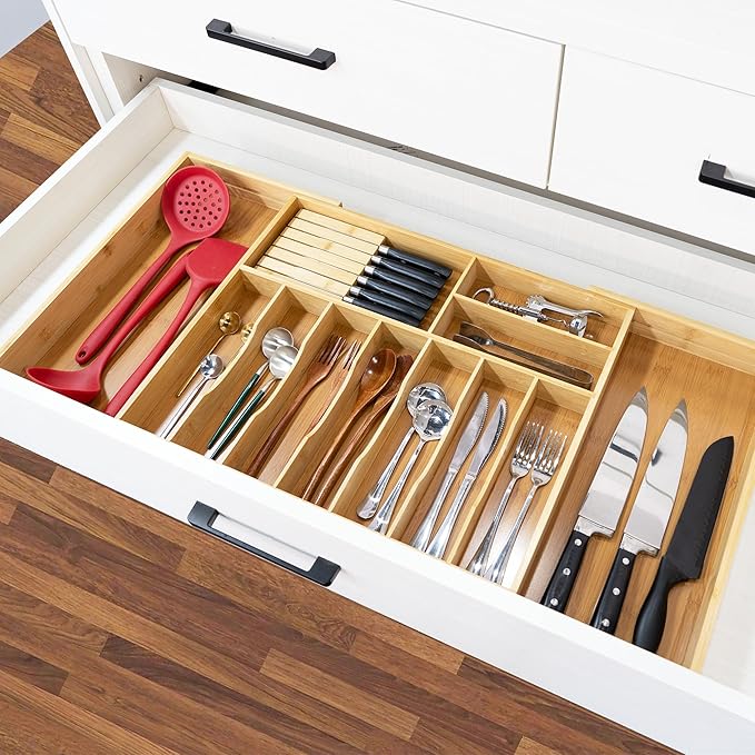 VaeFae Extra Large Kitchen Utensil Holder, Bamboo Silverware Drawer Organizer, Expandable Cutlery Organizer with Knife Block, Multifunctional Wooden Drawer Divider (10-12 compartments)