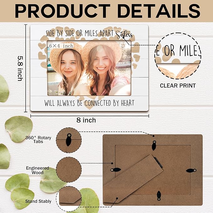 Sister Picture Frames, Gifts for Best Friends Women, Cousins Bff Girl Birthday Gift Wooden Photo Frames, Sisters Will Always Be Connected by Heart Picture Photo Frame for Desk Table 4X6 Photos