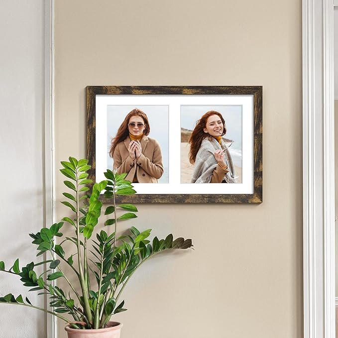 12x19 Double Picture Frame 8x10 Displays Two 8x10 inch Photos Collage Available Horizontal Wall Mounting Display and Vertical Brown