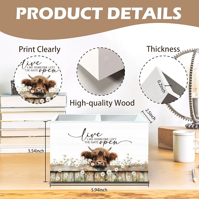 DILSJ Inspirational Highland Cow 2 Compartment Pen Pencil Holder Organizer for Desk, Highland Cow Gifts for Women, Live Like Someone Left The Gate Open Wooden Box Signs for Home Office Desk Decoration