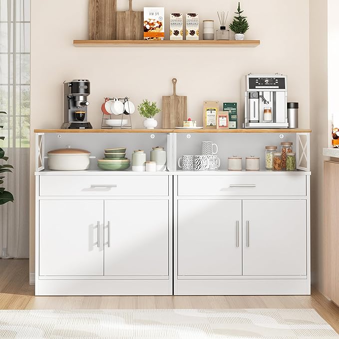 Shintenchi Kitchen Buffet Cabinet with Adjustable Shelf, Modern Kitchen Storage Cabinet,Farmhouse Coffee Bar Cabinet(White)