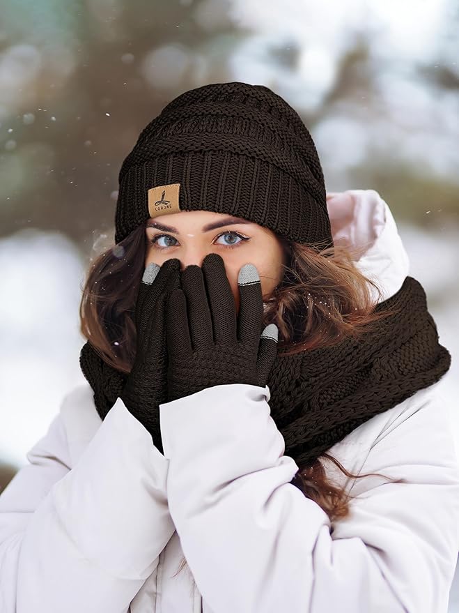 Winter Beanie Hat Scarf Gloves, Warm Fleece Knit Hats Touch Screen Gloves Neck Scarf Set Winter Gifts for Unisex Adult