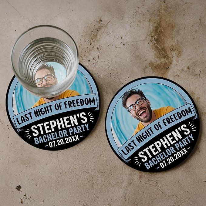 100 Pack Personalized Bachelor Party Coasters, Custom Cardboard Drink Coasters with Photo Print and Text, Fun Bachelor Party Favors and Gifts, 3.95" Round, Design 3