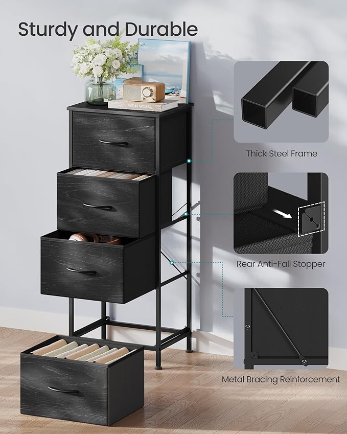 SONGMICS BELLAH Collection - Dresser for Bedroom, Chest of Drawers, Storage Organizer Unit, Closet, Entryway, Steel, 4 Drawers, Modern, Ebony Black ULGS314BE02S