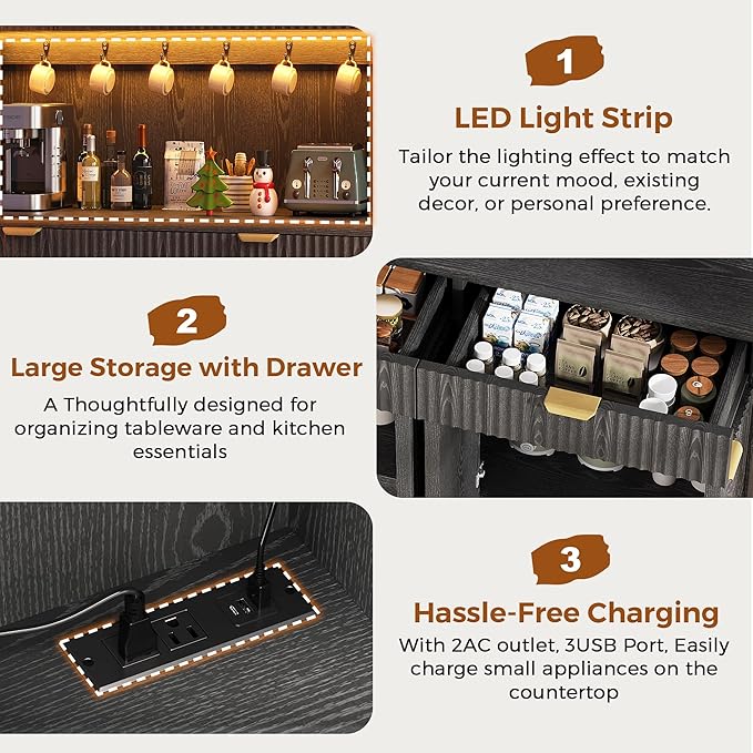 Fluted Kitchen Pantry Storage Cabinet with Charging Station/LED Light/Drawer/Doors/Shelves, 71'' Tall Kitchen Food Hutch with Microwave Stand for Dining Room Living Room (Black, 47*15.7*71)
