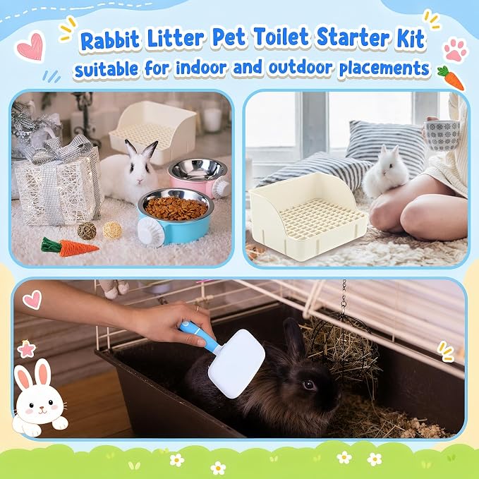 Reallnaive 15 Pcs Rabbit Starter Kit Small Rabbit Litter Box Girls Gift Animal Grooming Kit Bunny Toys Bowl Blankets with Cleaning Set for Guinea Pig Accessories(Cream White)