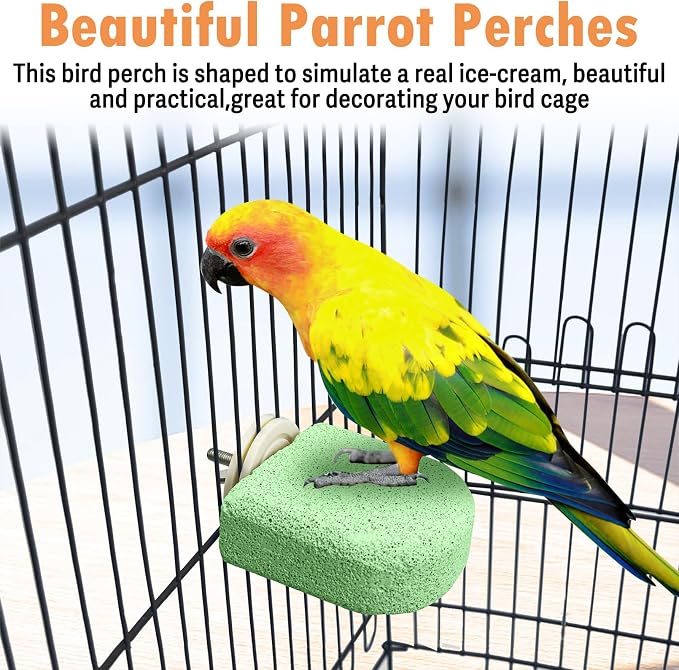 PINVNBY 4 PCS Bird Perch Stands Parrot Calcium Perch Beak Grinding Stone Foot Claws Trimmer Parakeet Platform Parrot Chewing Toys for Small Medium Cockatiel Conure Lovebird Finch(Green)