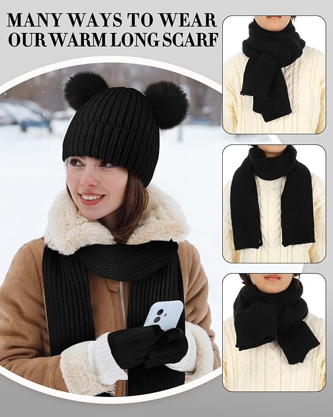 Geyoga 6 Pcs Winter Warm Fleece Knit Hat Long Scarf Touchscreen Gloves Ear Muffs Socks Sets, Winter Warm Gifts for Women