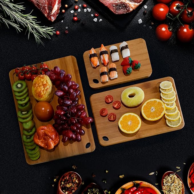 Bamboo Cutting Board Set of 3 for Kitchen, Chopping Boards with Juice Groove & Built-in Handles, Perfect for Meat, Vegetables, Fruits, Kitchen Gift for Home Cooks & Chef, Dark Brown