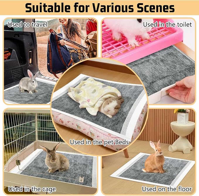 Tfwadmx 50 Pcs Rabbit Pee Pads Guinea Pig Super Absorbent Cage Liners Bunny Disposable Black Carbon Diapers Small Animal Training Accessories with Quick-Dry Surface for Chinchilla Ferret Hamster