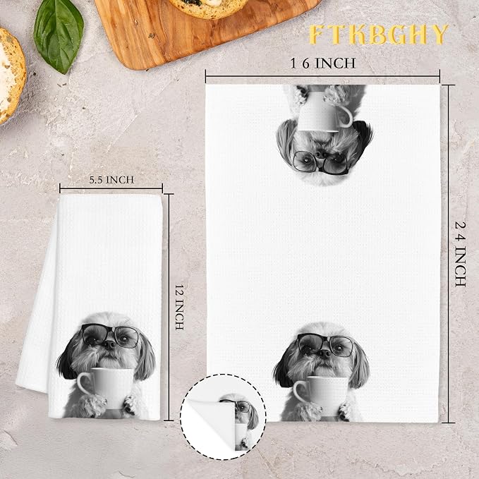 Funny Shih Tzu Coffee Kitchen Towels, Shih Tzu Gifts for Women, Dog Mom Dad Lover Gifts Decorative Dish Hand Tea Towels for Kitchen Coffee Bar Decor, 16x24 Inch