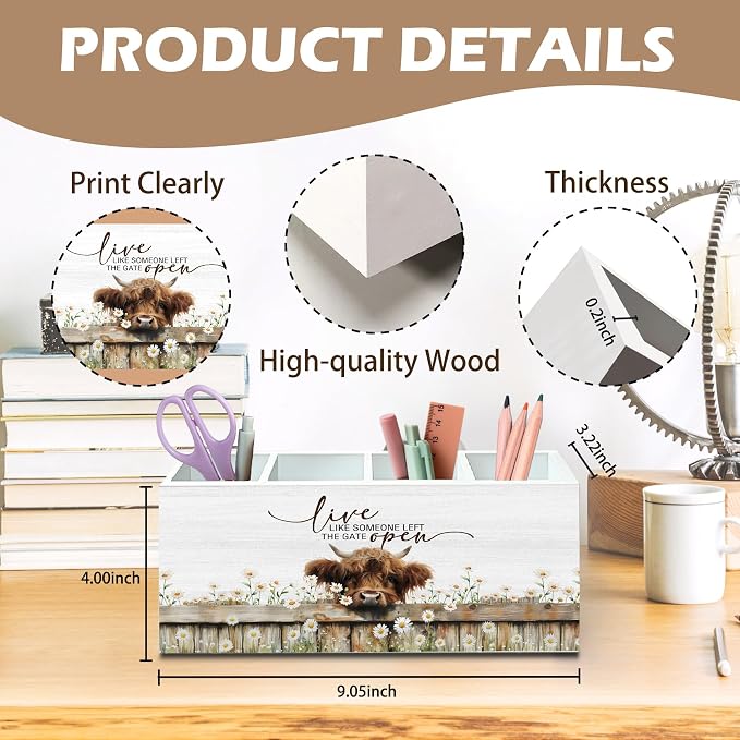 DILSJ Rustic Western Highland Cow 4 Compartment Pen Pencil Holder for Desk | Cow Lover Gifts, Live Like Someone Left the Gate Open Wooden Box Signs Organizer for Home Office Desk Tabletop Decoration