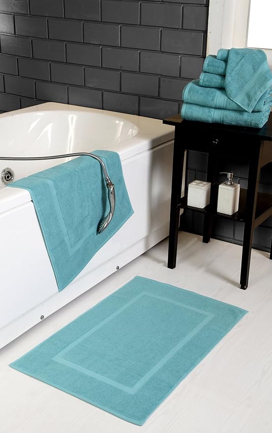 HILLFAIR 900 GSM-Hotel-Spa Tub-Shower Bath Floor Towels - (2 Pack, Sea Green, 21 Inch by 34 Inch) - 100% Cotton Floor Towels Machine Washable Cotton Terry Bath mat Rugs - 2 Piece Towel Set