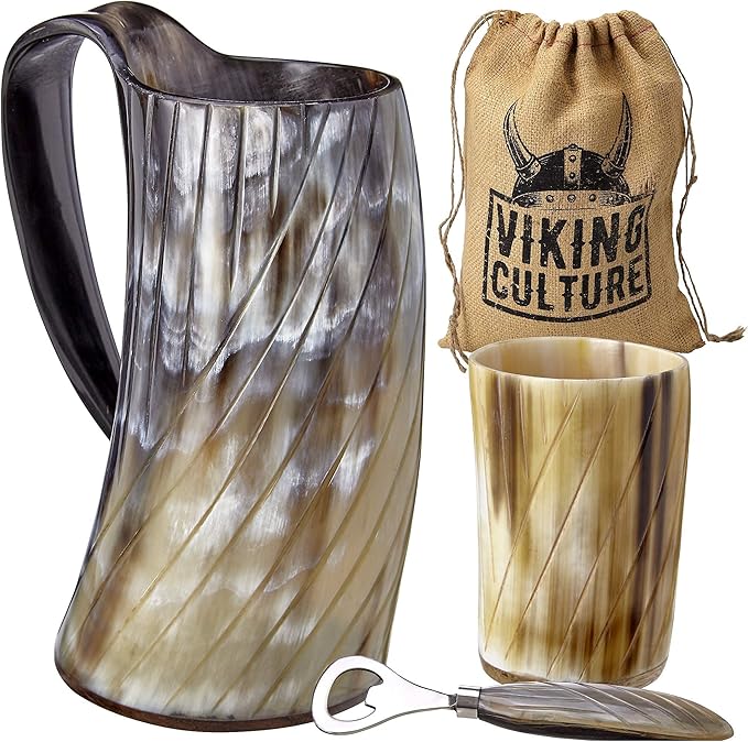Viking Culture Ox Horn Mug, Shot Glass, and Bottle Opener (3 Pc. Set) Authentic 16-oz. Ale, Mead, and Beer Tankard | Vintage Stein with Handle | Polished Finish | Diagonal Stripes