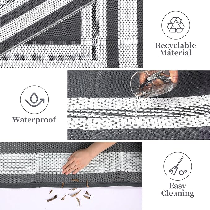 Waterproof Plastic Straw Outdoor Rug 9x18 Patio Reversible UV Resistant Foldable Camping Carpet Modern Border Large Outdoor Rugs for Deck, Picnic, Porch, Camper, Balcony, Beach,Grey/White