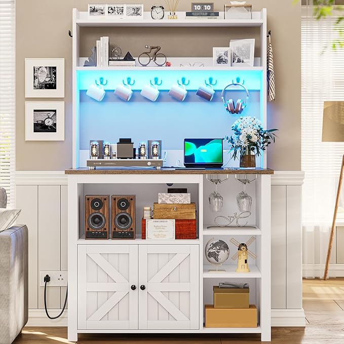 Itaar 35.4 inch Bakers Rack with Power Outlet and Storage, Farmhouse Coffee Bar Cabinet, Microwave Stand Kitchen Cabinet with Hutch, LED Lights, Wine Glass Holder and 8 Hooks,White