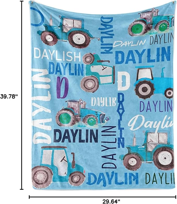 Personalized Tractors Blanket - Custom Name with Farm Tractor Trucks Design - Soft Plush Flannel Bed Blanket for Baby Kid Teen Boys Girls Customized Gifts Light Blue