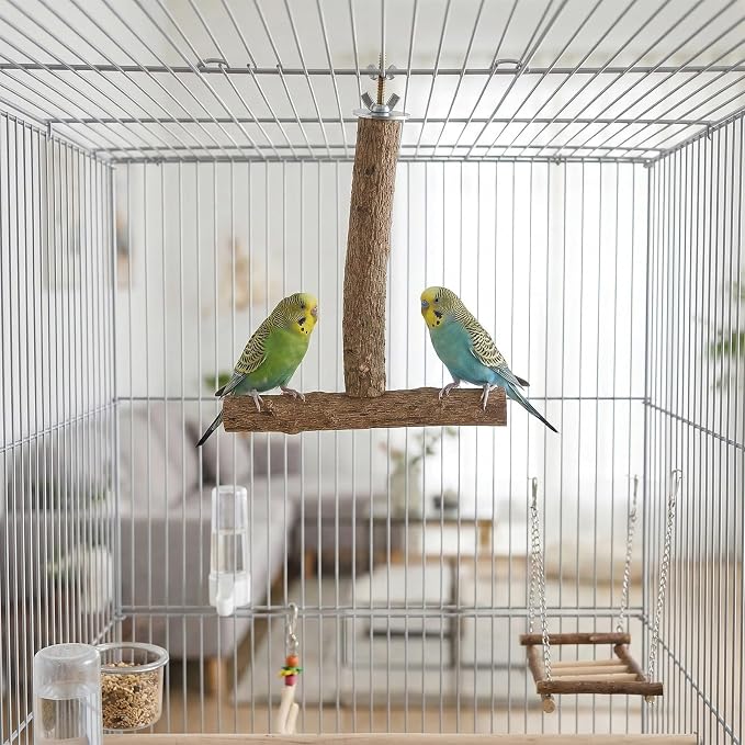 7PCS Natural Wood Bird Perch Set, Includes Paw Grinding Forks, Chewing Sticks, Exercise Branches, Hanging Multi-Branch Perch Platform, Swing Toy Rope Perches, for Medium Birds