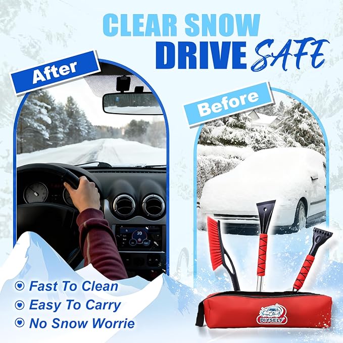 DIYSELF 27" Snow Brush with Two-Size Ice Scrapers for Car Windshield, 4 Pack Detachable Snow Removal Tool, Ergonomic Foam Grip, Snow Scraper for Car, Trucks, SUV, Christmas Stocking Stuffers for Men