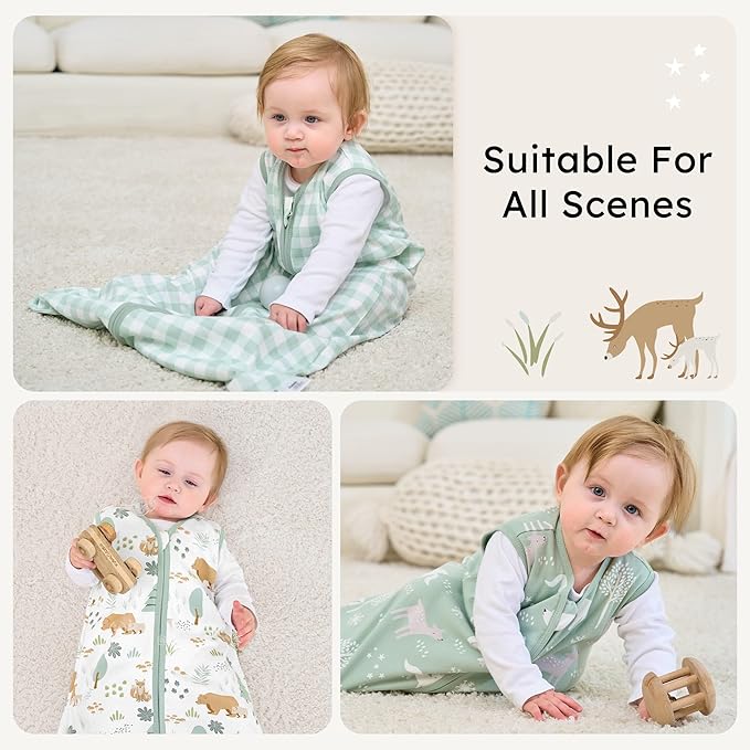 Baby Sleep Sack 6-12 months, 100% Cotton Sleeping Sack for Newborn and Infant, 3 Pack Baby Wearable Blanket, 0.5 Tog Lightweight Double Zipper Sleep Bag Medium Green Forest Bear