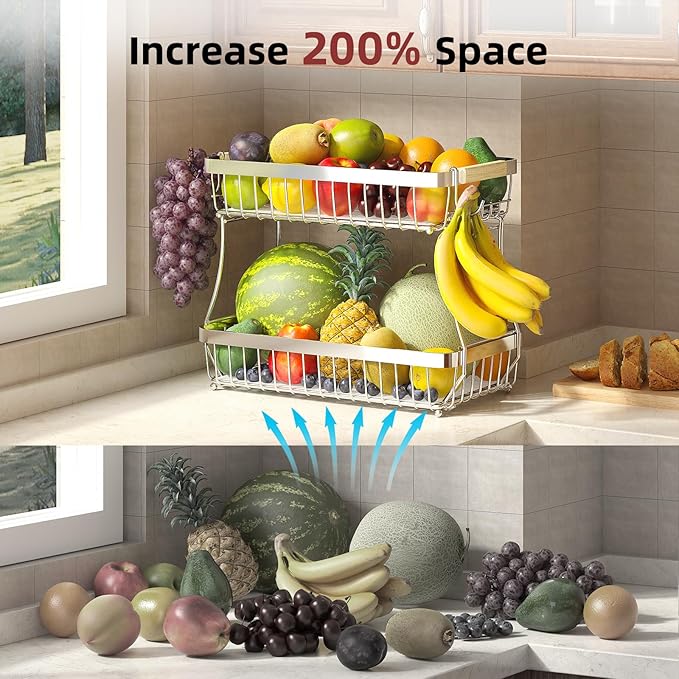 2 Tier Large Fruit Basket for Kitchen Counter with 2 Mobile Banana Hangers, 2026 Pro Detachable Metal Fruit Bowl with Wooden Handle (Silver, 2 Tier)