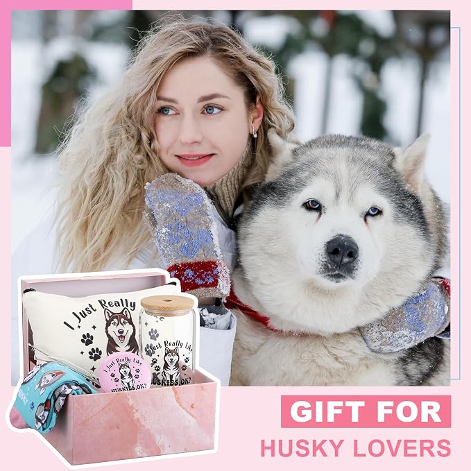 Kacctyen 5 Pcs Christmas Husky Gifts for Women Husky Dog Lover Gifts 16oz Glass Cup Tumbler with Lid Straw Makeup Cosmetic Bag Pocket Mirror Sock for Dog Mom Animal Lovers Birthday Party Favors