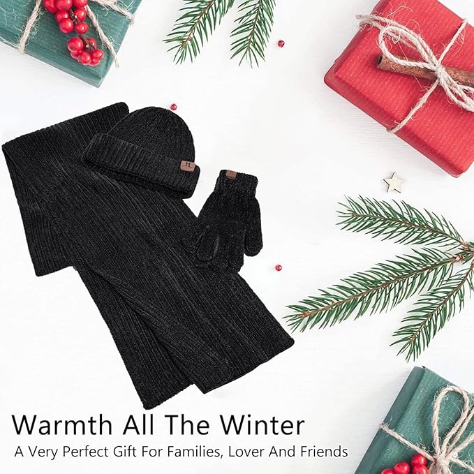 Womens Winter Knit Warm Hat Beanie Long Scarf Touch Screen Gloves Set Skull Caps Neck Scarves for Women