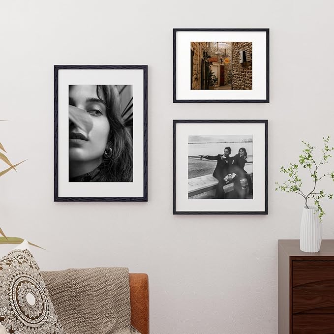Fun Memories Black 16x24 Picture Frame, Oak Wood 16 x 24 Poster Frames Set of 2, Rustic 16 by 24 Frame for Wall, 16x24 Frame with Mat for 12x18, Tempered Real Glass