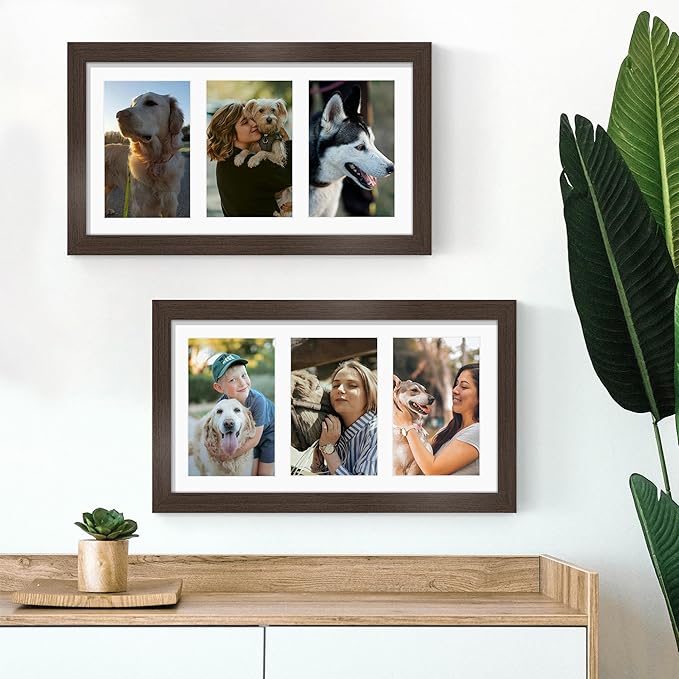 8x14 Collage Picture Frame 4x6 Collage Picture Frame Displays Three 4x6 inch Photos or 8x14 (Without Mat) for Available Horizontal Wall Mounting Display and Vertical Walnut