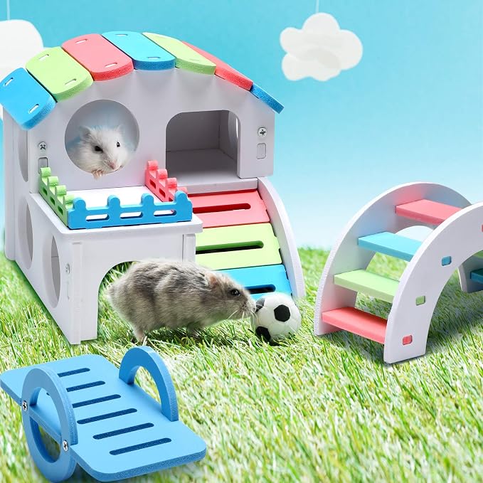 Skylety 3 Pieces Fun Hamster Guinea Pig Hideout Kit,Small,Rainbow Color | Include PVC Hamster House, Rainbow Bridge, Seesaw DIY Exercise Playhouse for Rats Mouse Small Animals